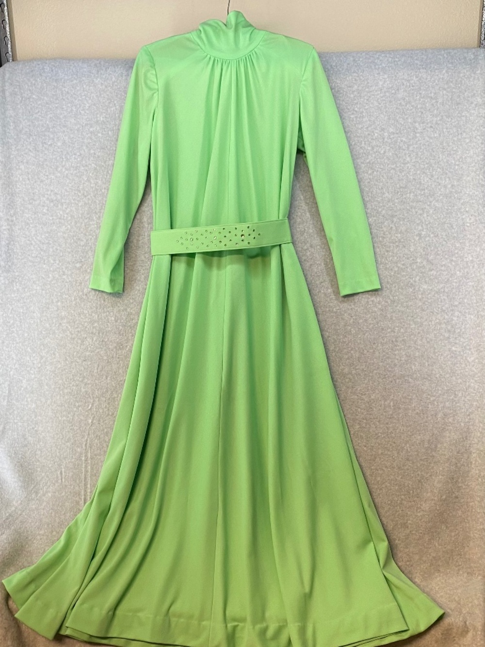 1970s Maxi Dress 38" Bust • Green • Rhinestone Belt • Long Sleeve • Mock Neck